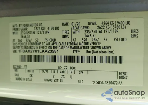 2020 Ford Transit-350 Passenger Van Xlt из США, поврежденный, VIN 1FBAX2Y81LKA23581